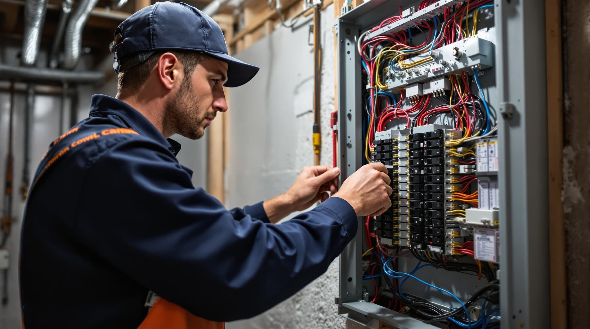 Licensed Long Island electrician working on a residential service panel