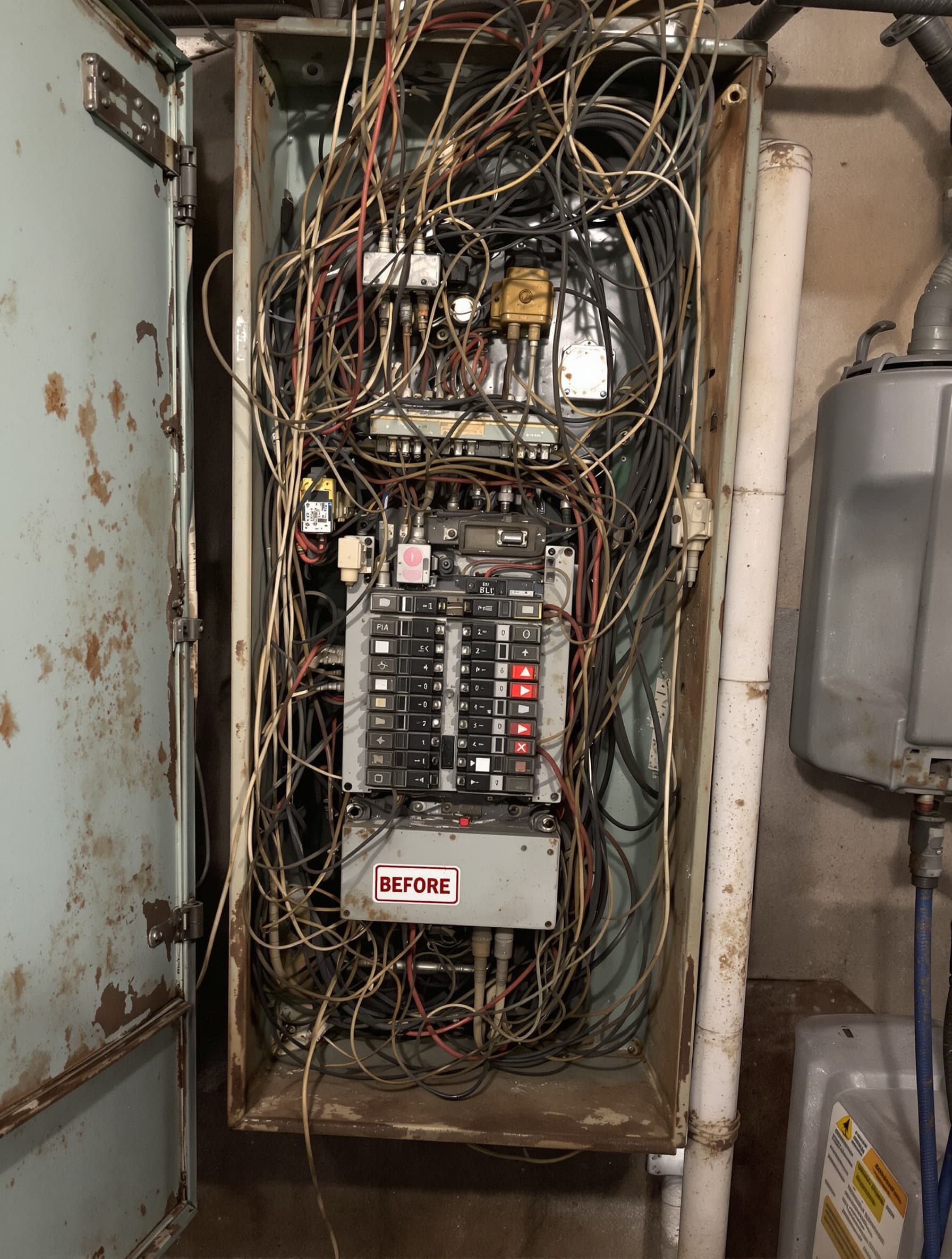Corroded 100-amp panel in a Massapequa colonial before upgrade